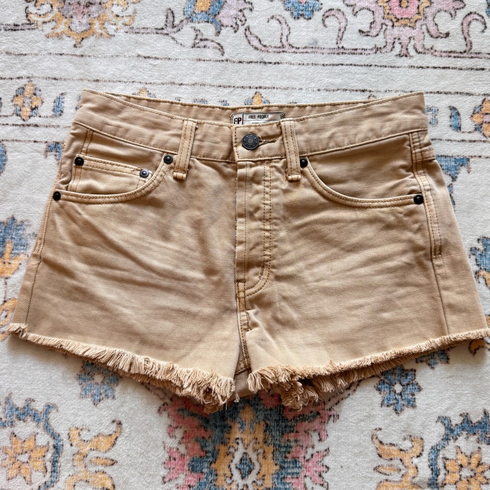 Free People Tan Frayed Hem Denim Shorts